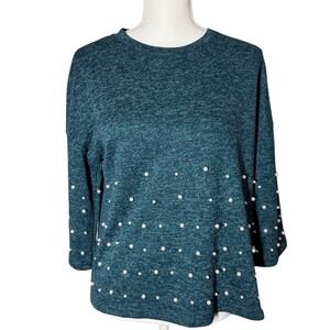 Joy Joy teal pearl-embellished 3/4 sleeve top, size small